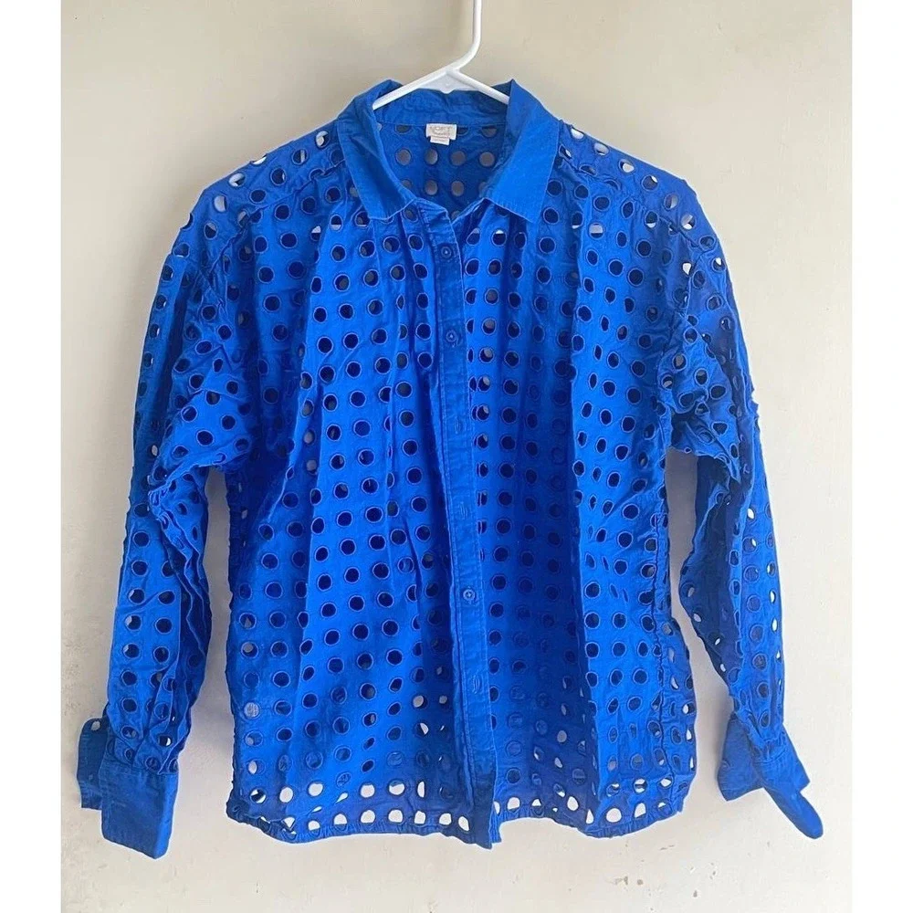 LOFT Beach Cobalt Blue Eyelet Set Button Down Shirt &‎ Shorts Top XS Shorts S